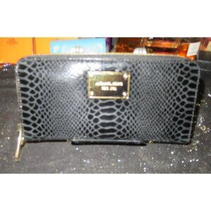 Michael Kors Jet Set Black Python Embossed Leather Zip Around Long Wallet